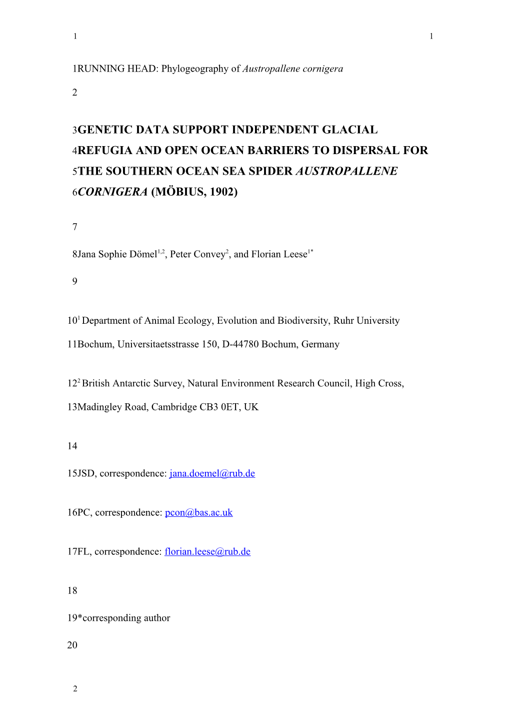 RUNNING HEAD: Phylogeography of Austropallene Cornigera