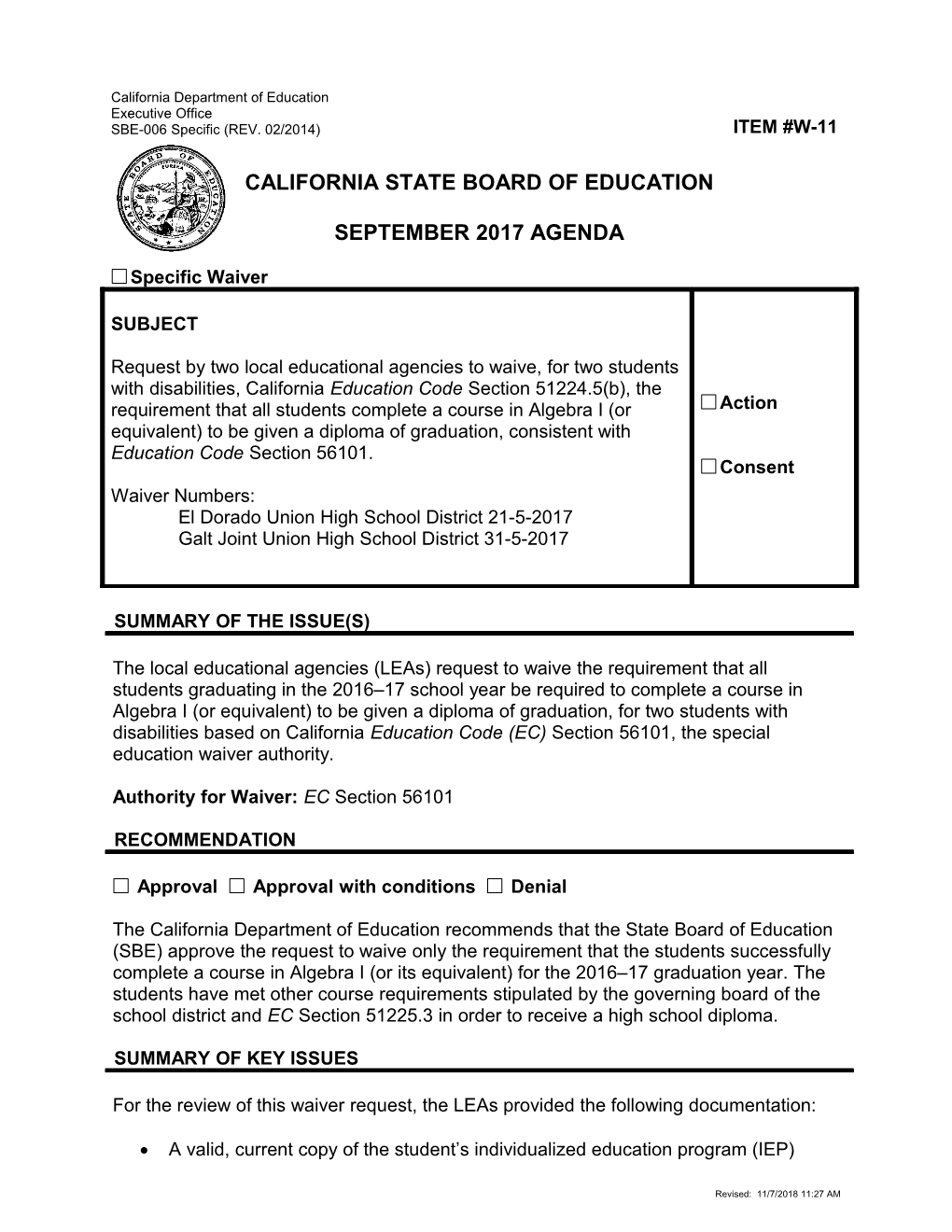 September 2017 Waiver Item W-11 - Meeting Agendas (CA State Board of Education)