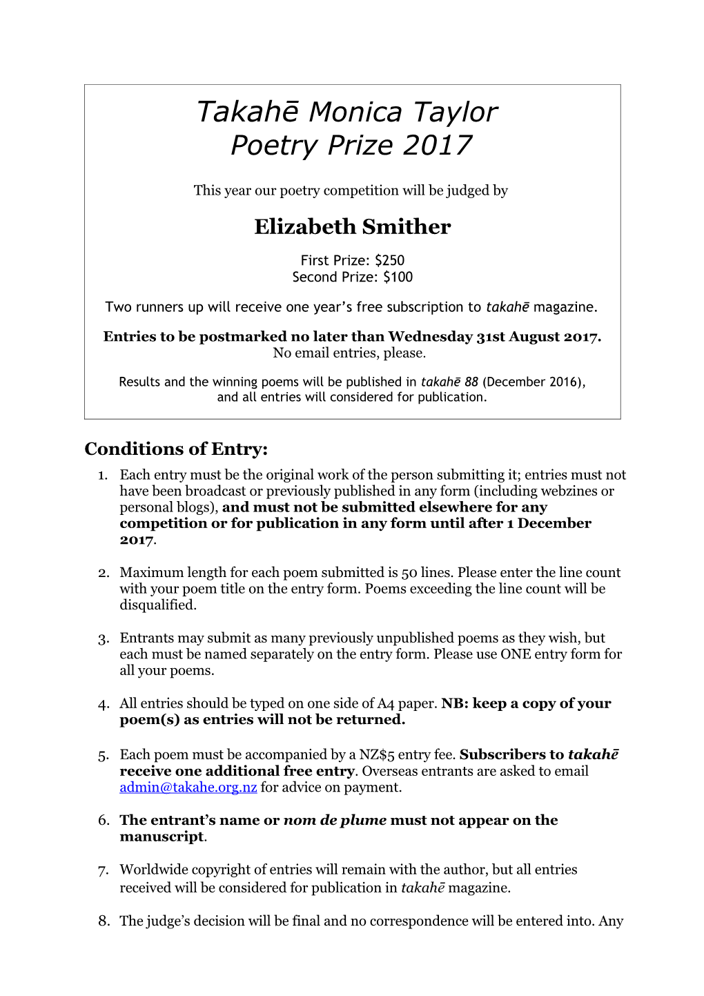 2013 Takahē Short Story Competition