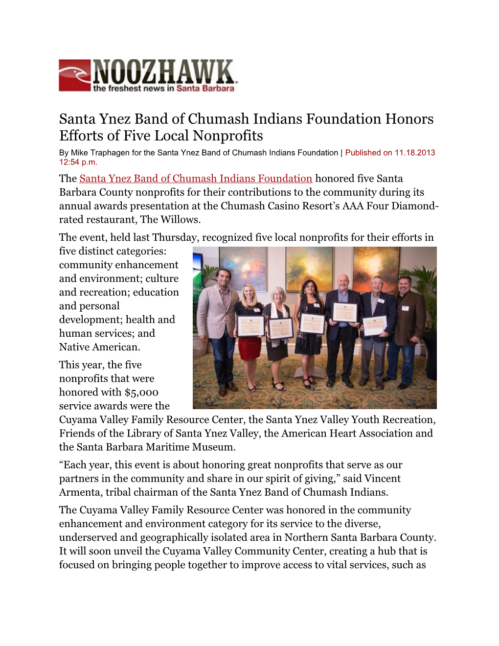 Santa Ynez Band of Chumash Indians Foundation Honors Efforts of Five Local Nonprofits