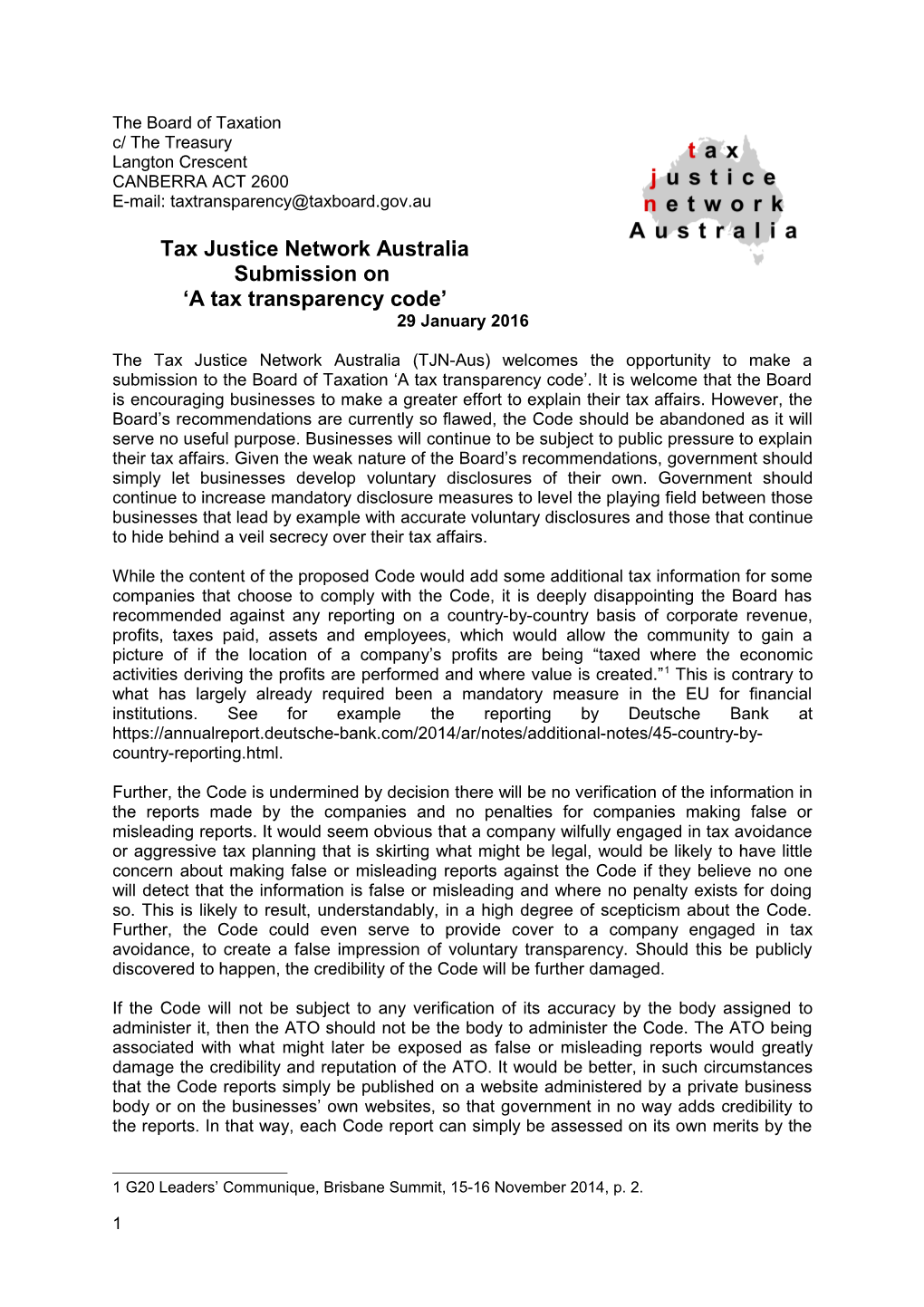 Tax Justice Network Australia - Submission: Consultation Paper on the Voluntary Tax Transparency