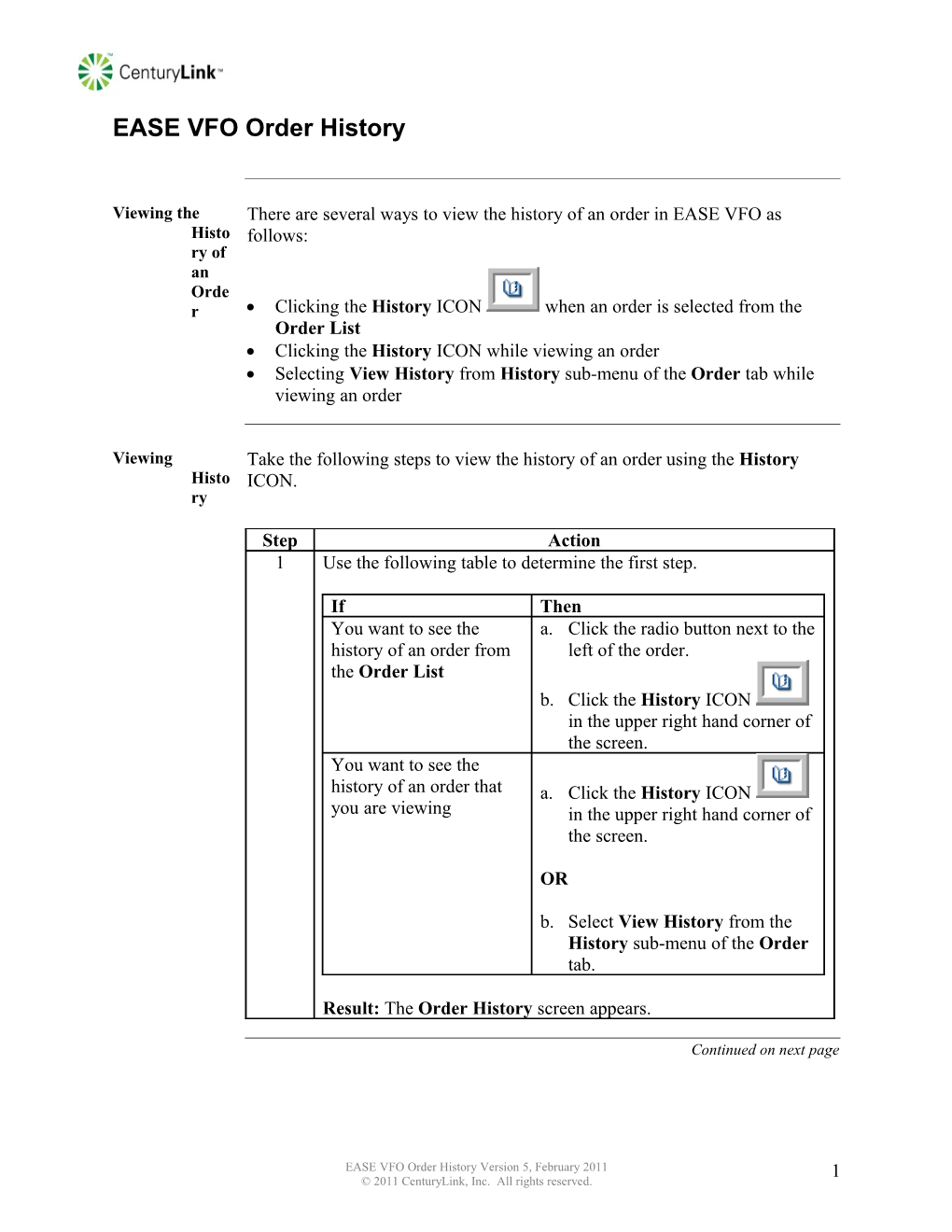 EASE VFO Order History