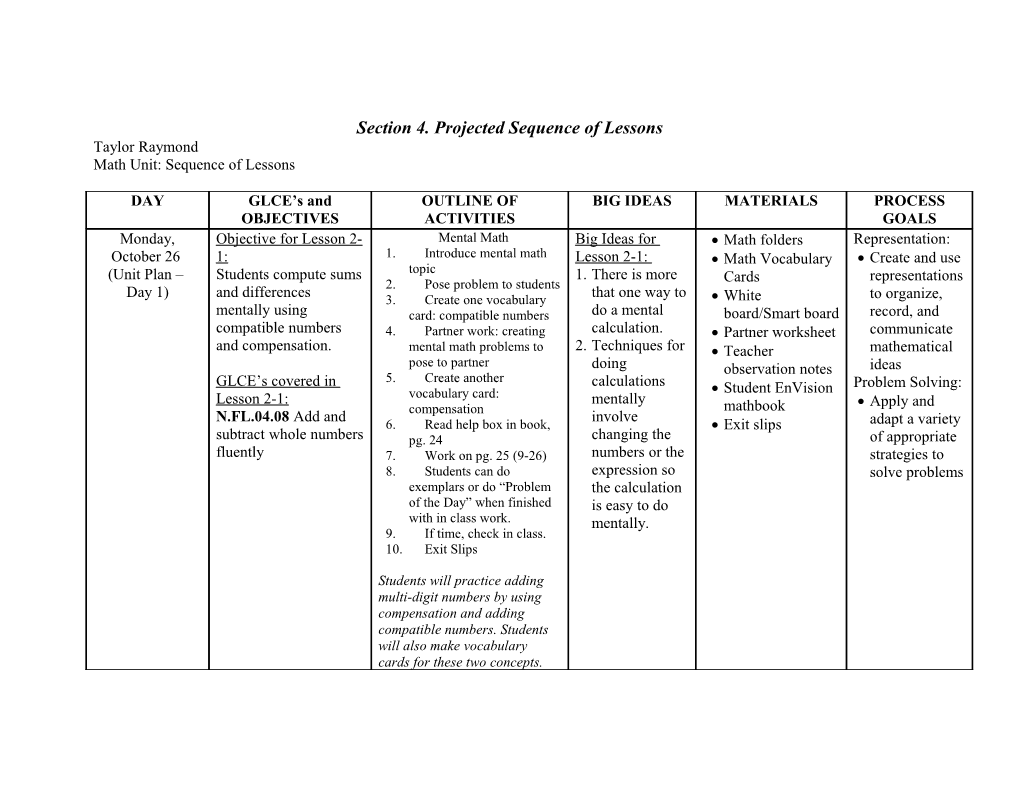 Section 4. Projected Sequence of Lessons