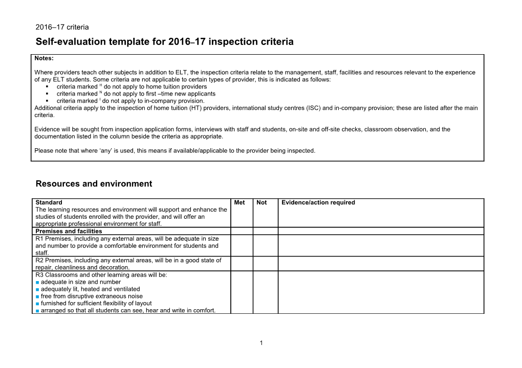 Self-Evaluation Template for 2016 17 Inspection Criteria