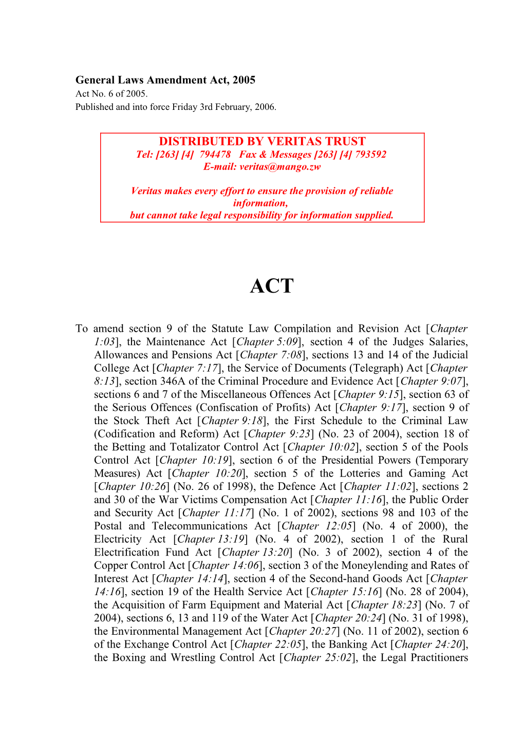 General Laws Amendment Act 2005 - Act 6-2005