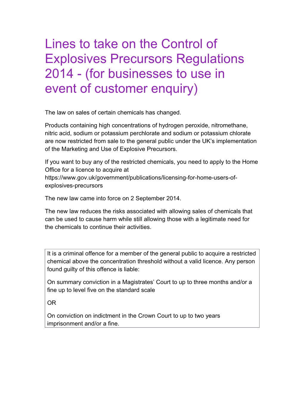 Lines to Take on the Control of Explosives Precursors Regulations 2014 - (For Businesses