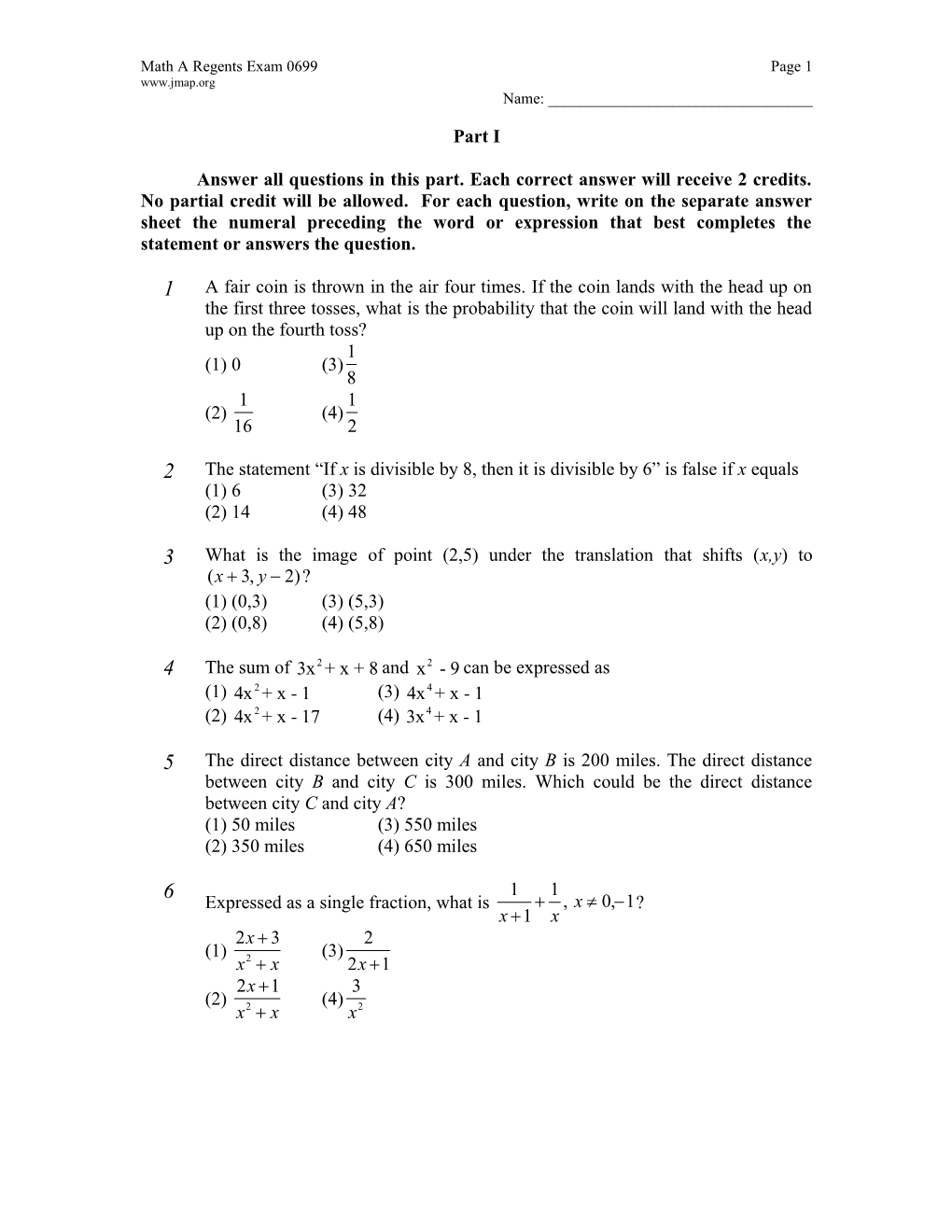 June 1999 Math a Regents Exam