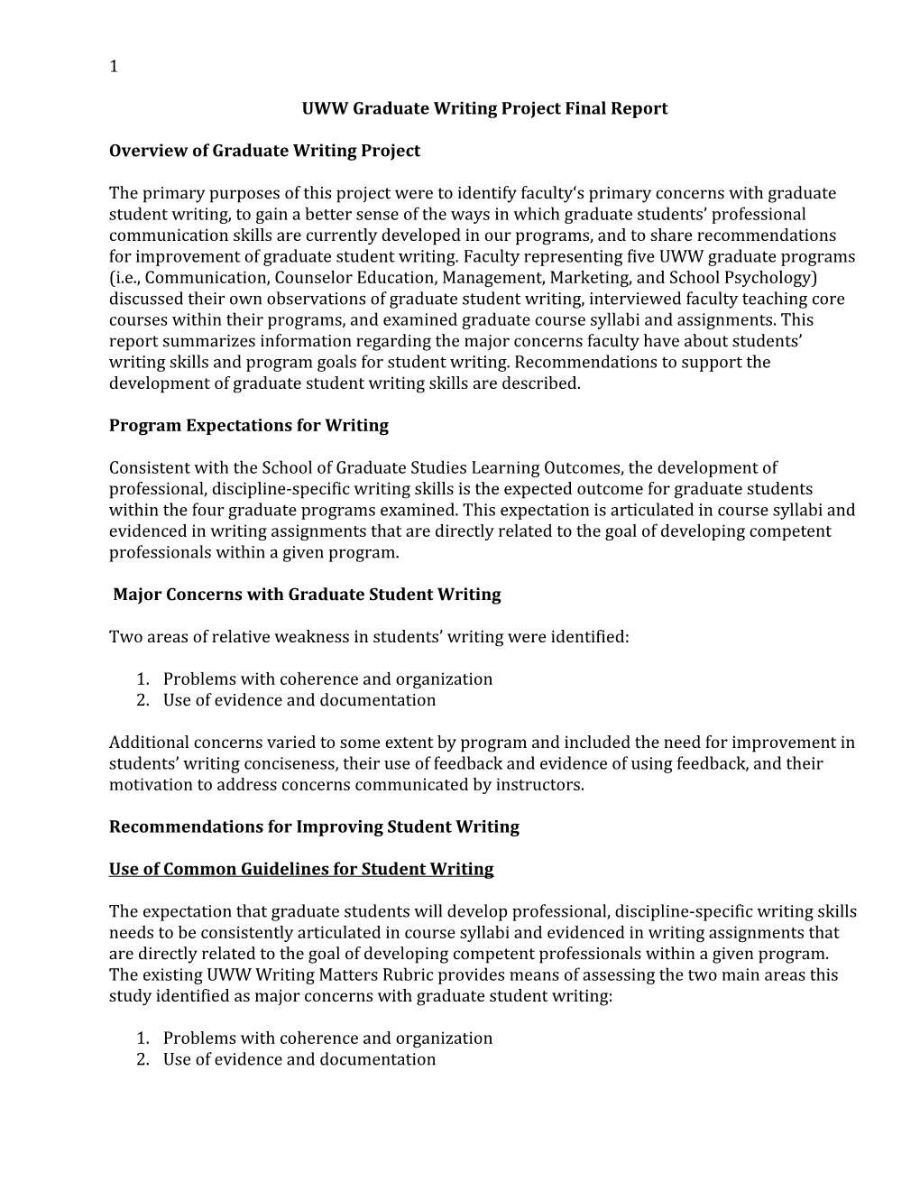 UWW Graduate Writing Projectfinal Report
