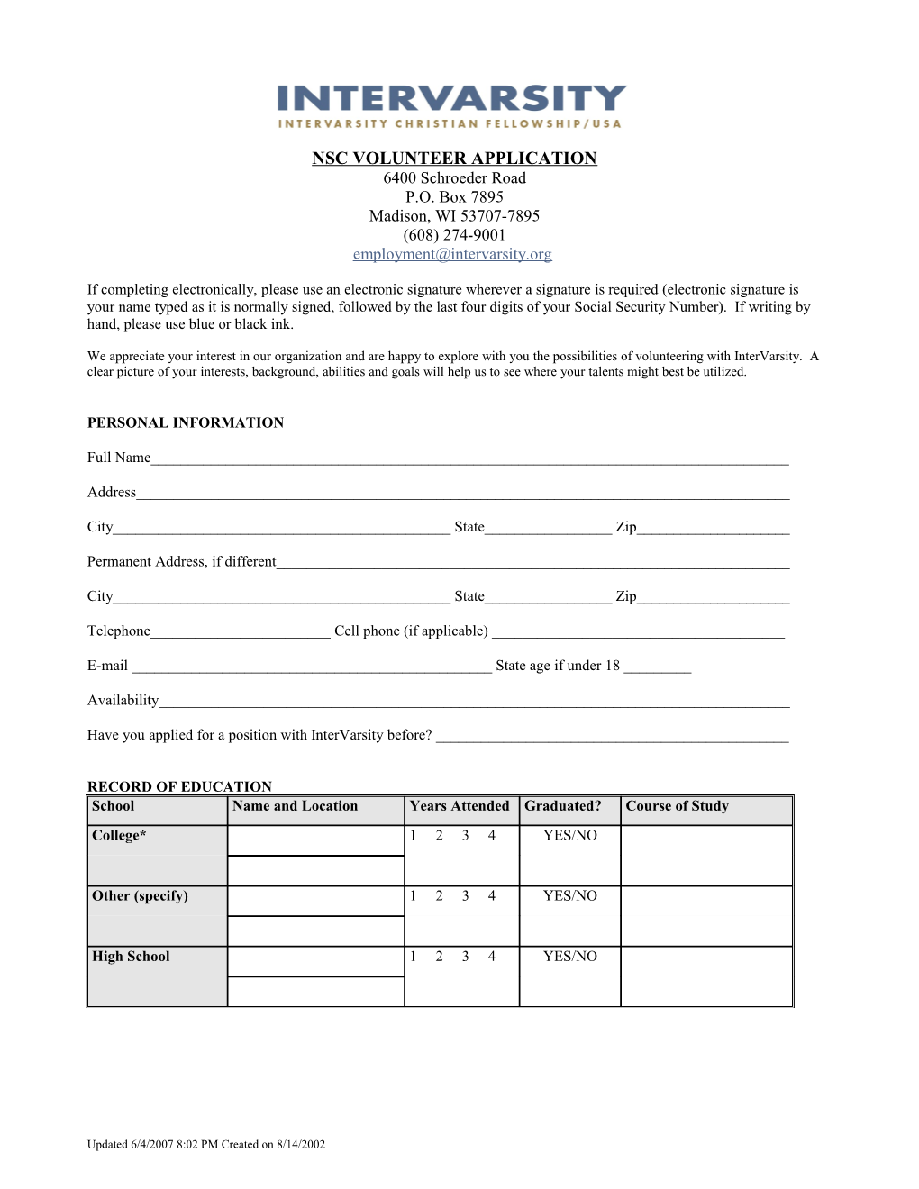 Nsc Volunteer Application