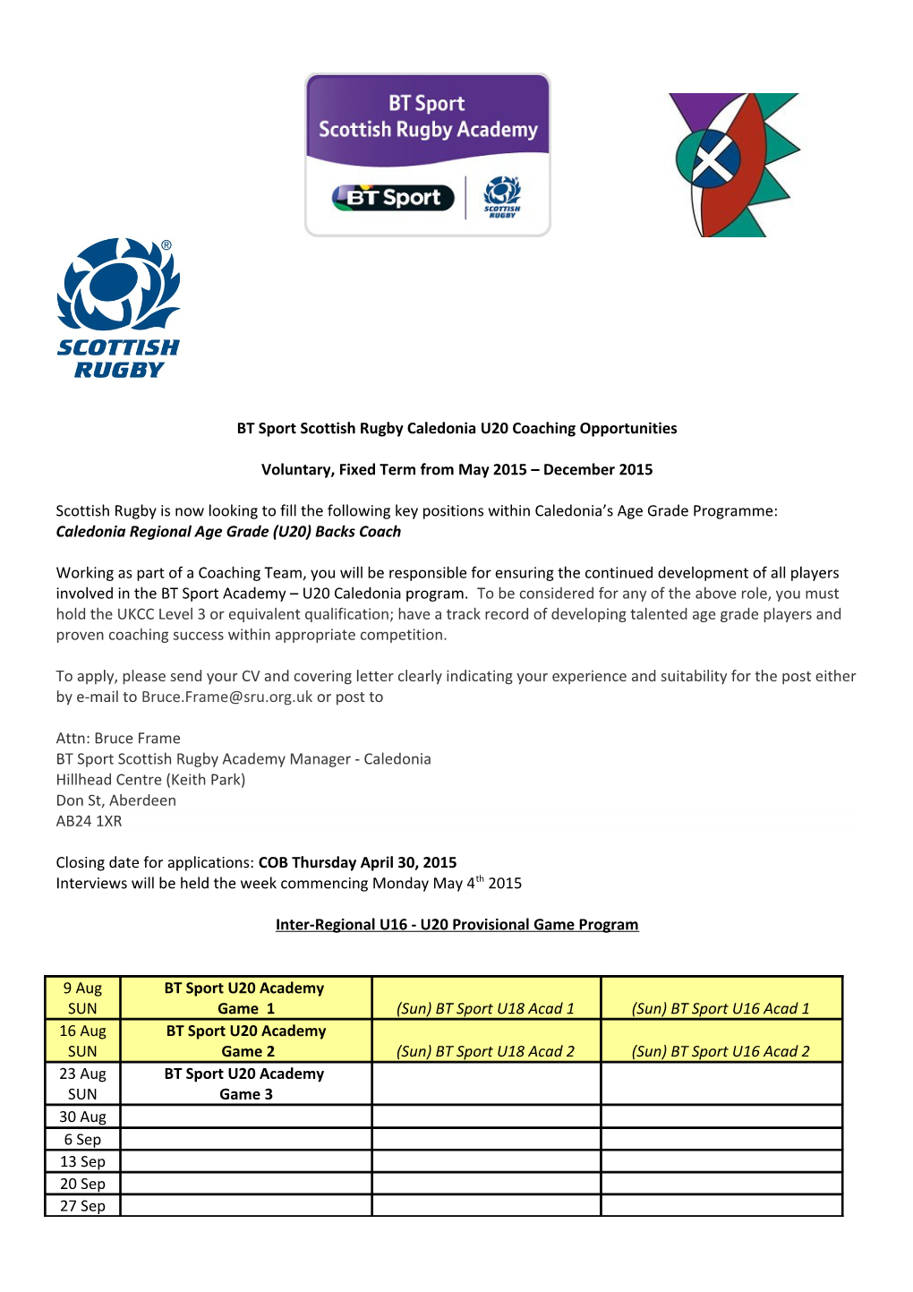 BT Sport Scottish Rugby Caledonia U20 Coaching Opportunities