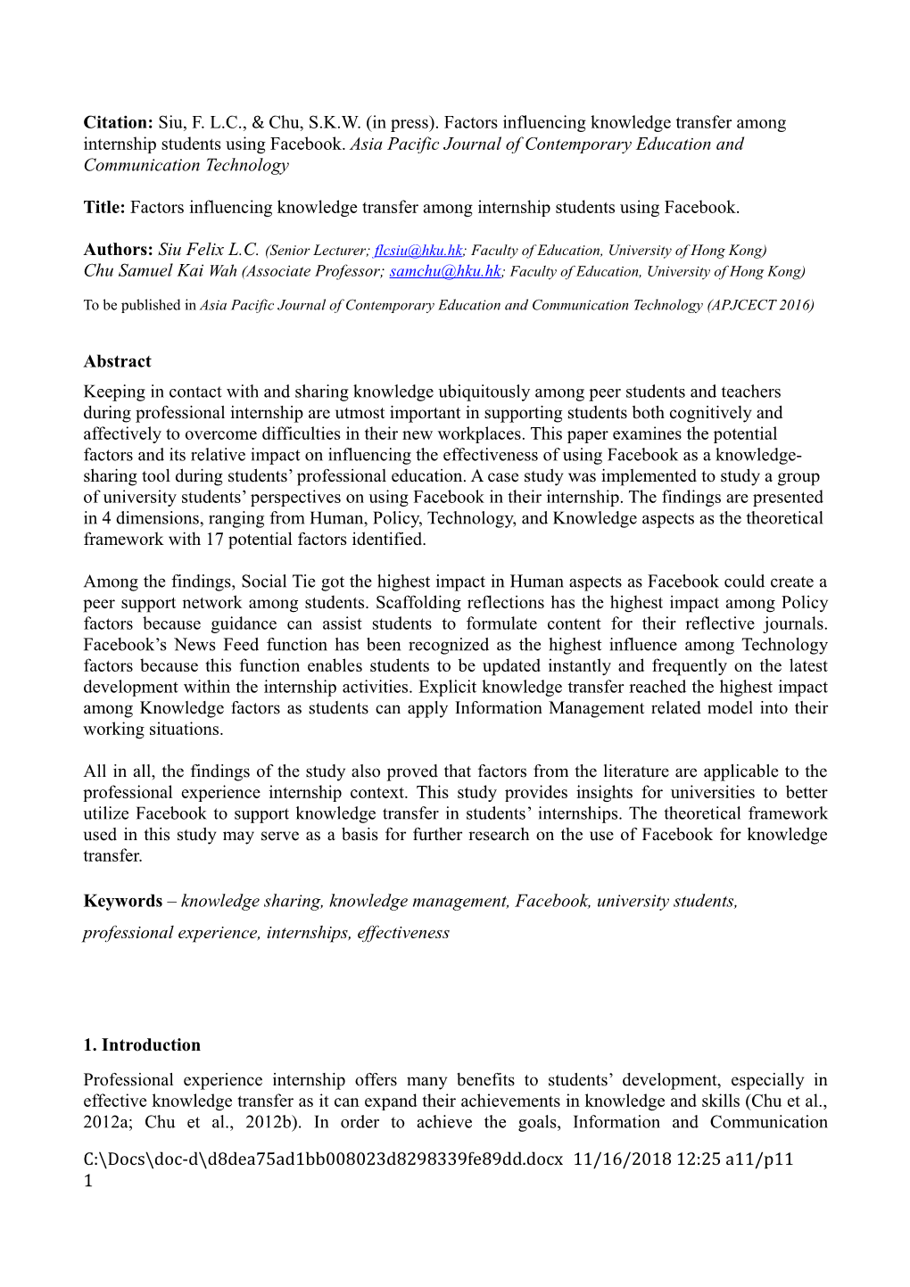 Title: Factors Influencing Knowledge Transfer Among Internship Students Using Facebook