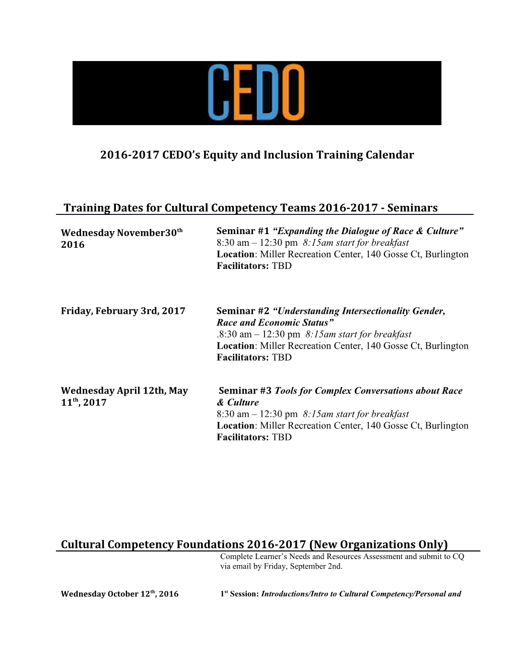 2016-2017 CEDO S Equity and Inclusion Training Calendar