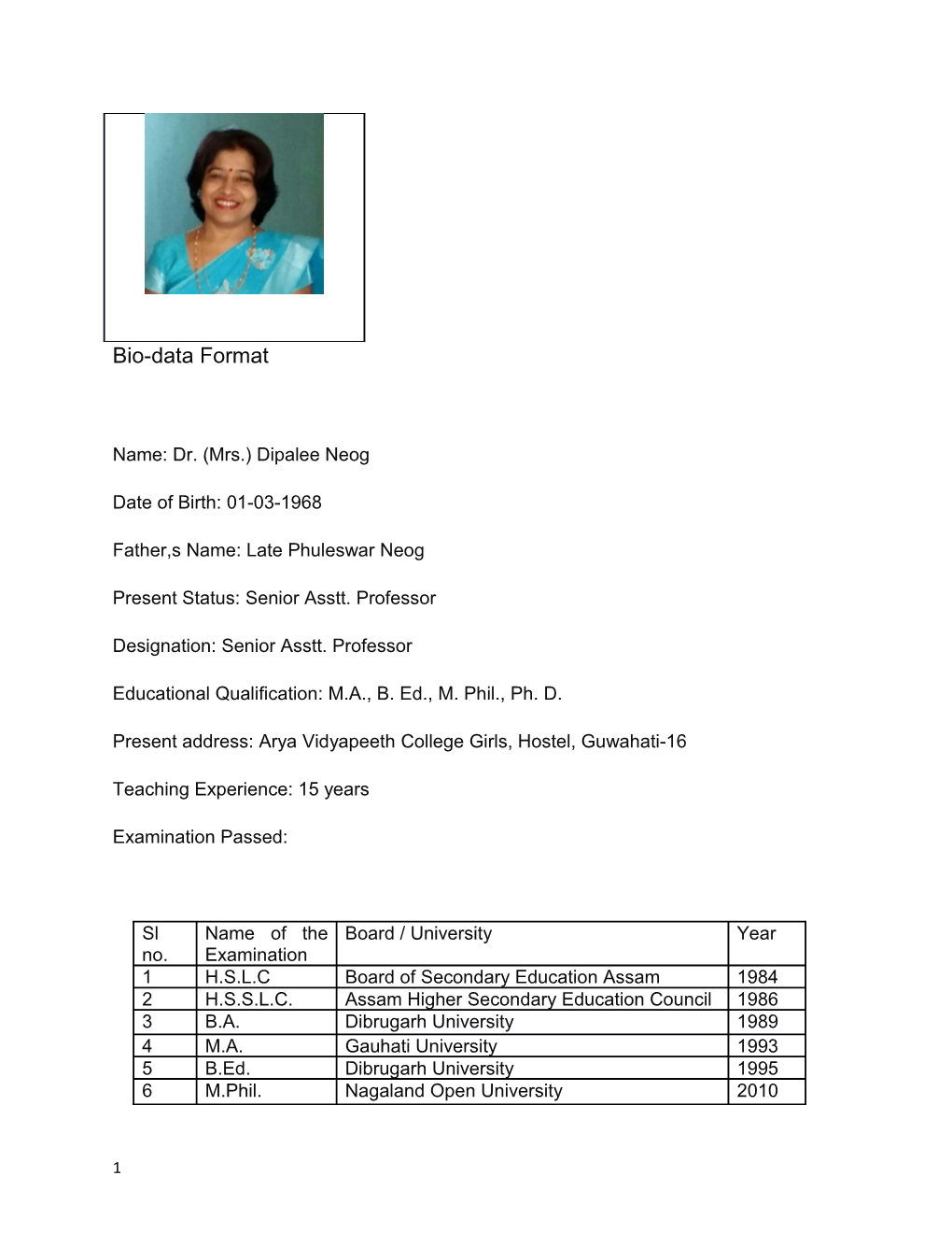 Name: Dr. (Mrs.) Dipalee Neog