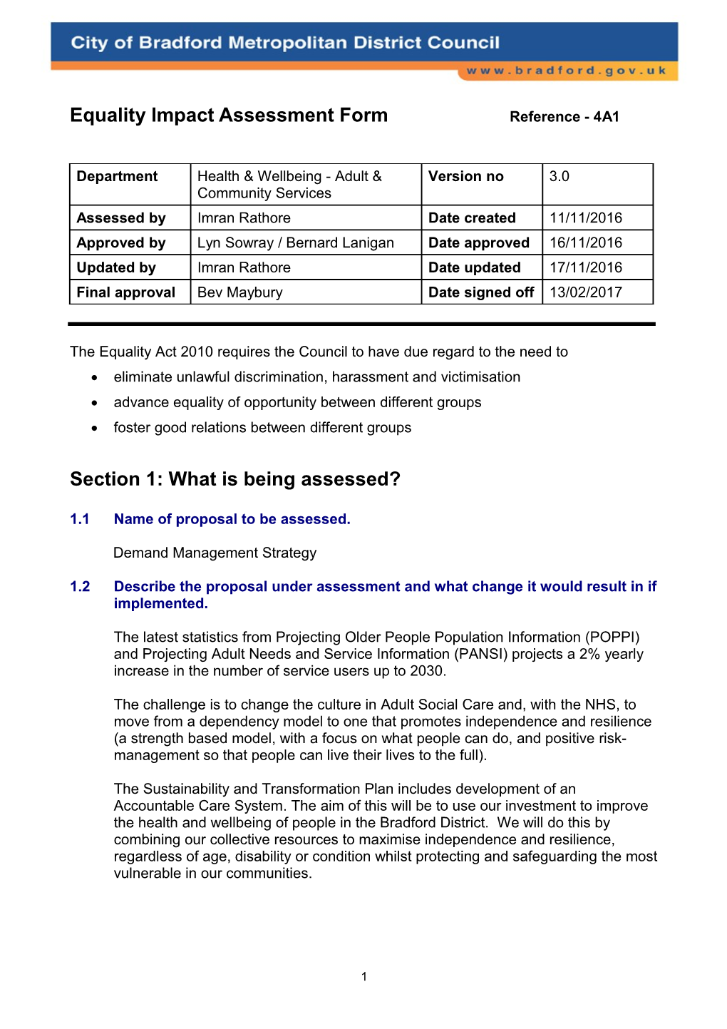 Equality Impact Assessment Formreference - 4A1