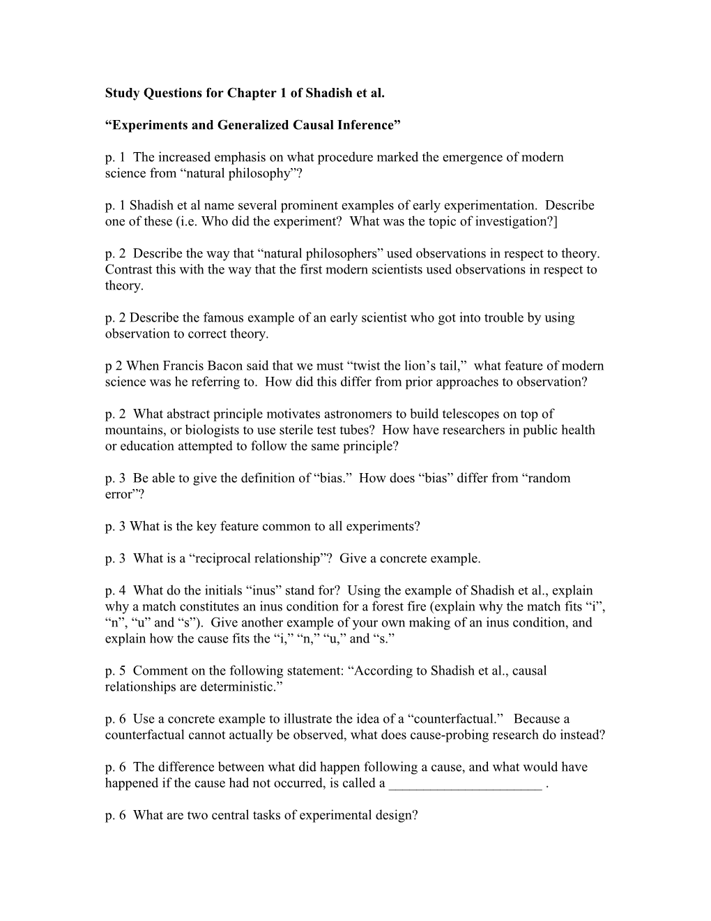 Study Questions for Chapter 1 of Shadish Et Al