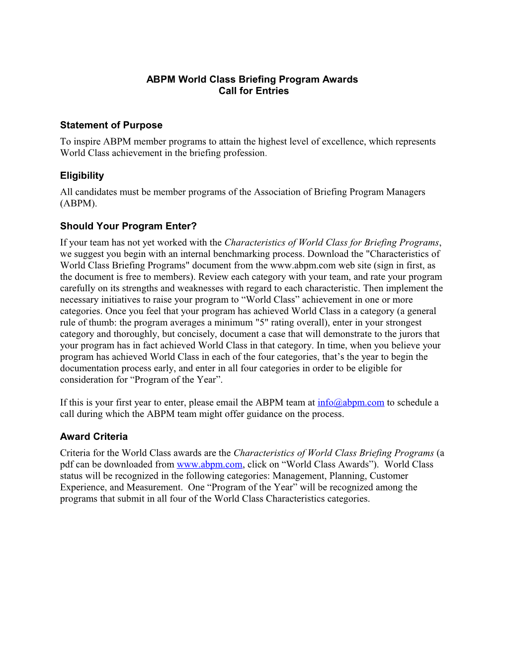 ABPM World Class Briefing Program Awards