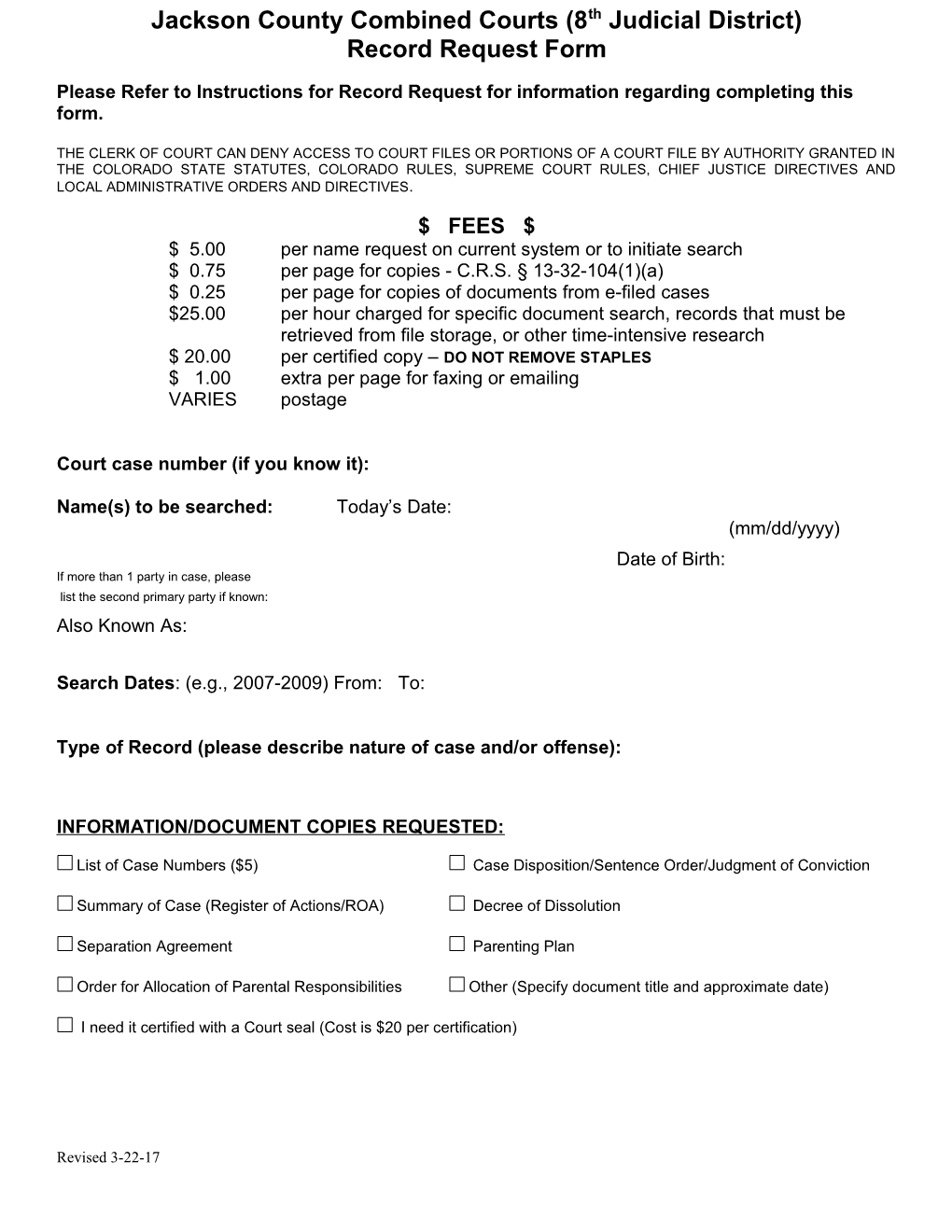 Jackson County Combined Courts (8Th Judicial District)Record Request Form (Continued)