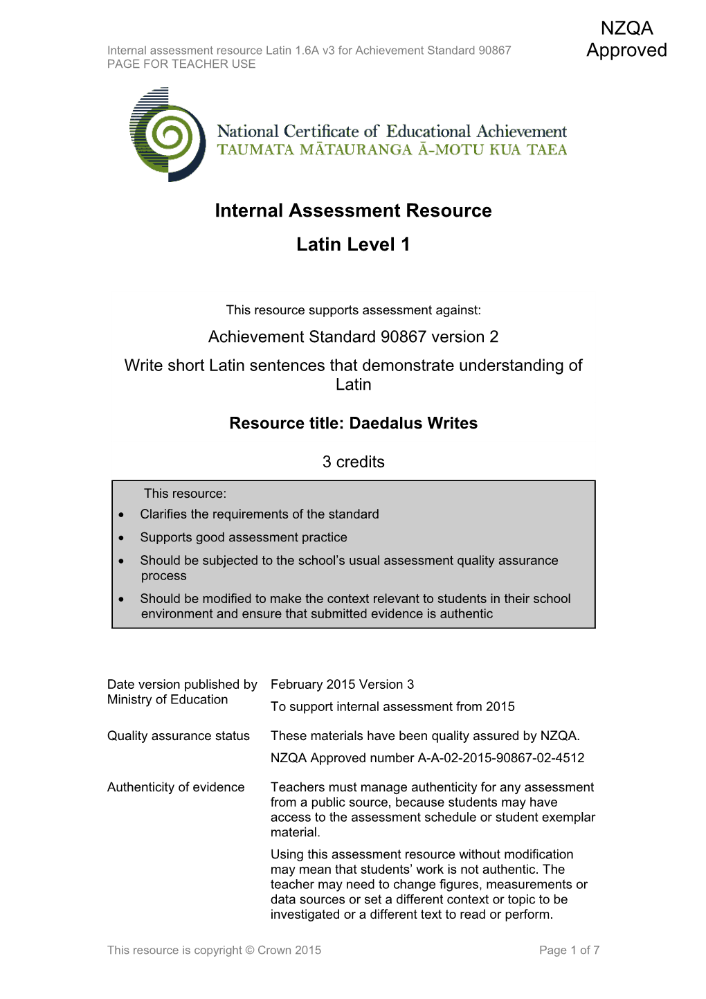 Level 1 Latin Internal Assessment Resource