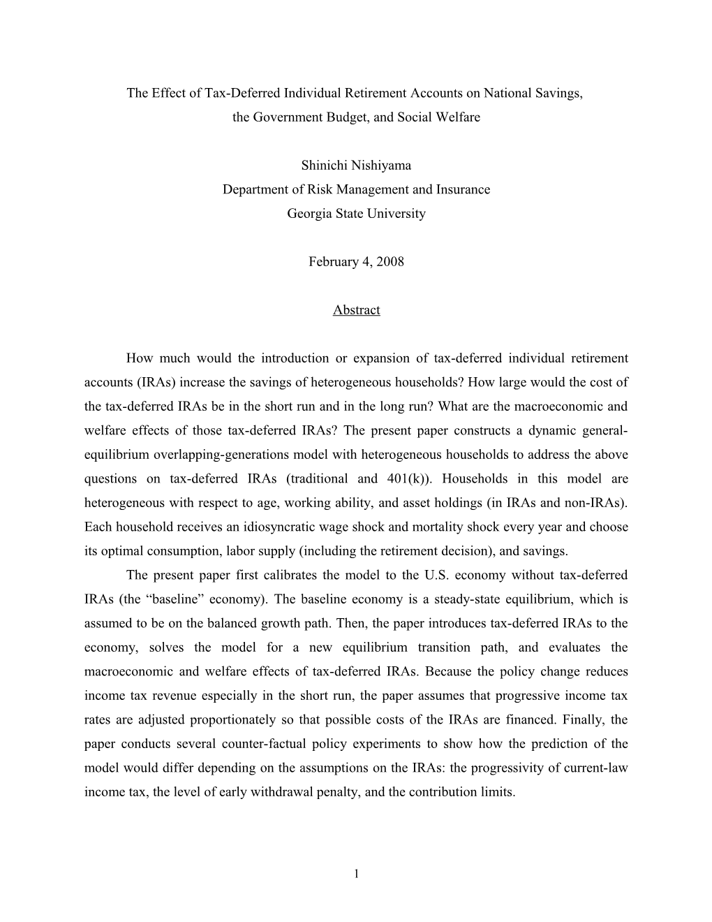 Title: the Effect of Tax-Deferred Individual Retirement Accounts on National Savings, Government