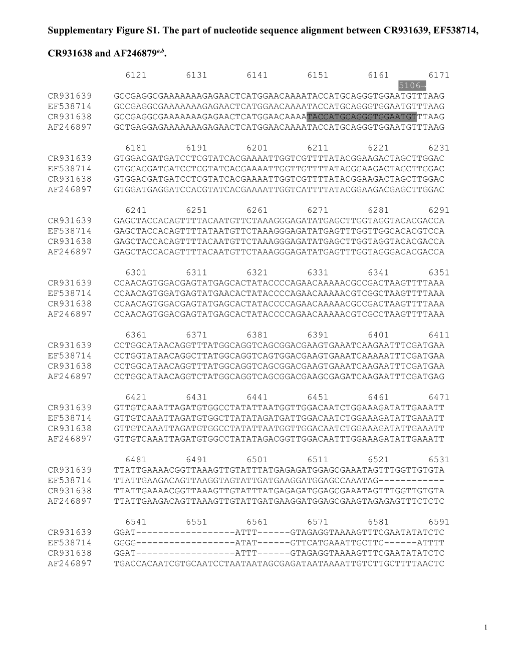 Supplementaryfigure S1. the Part of Nucleotide Sequence Alignment Between CR931639, EF538714