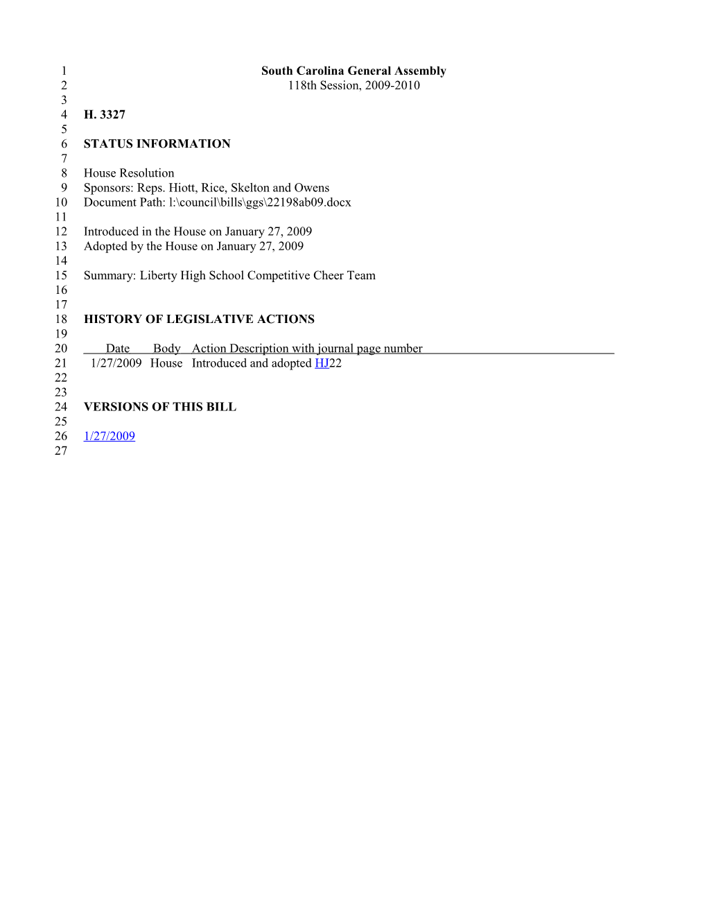 2009-2010 Bill 3327: Liberty High School Competitive Cheer Team - South Carolina Legislature