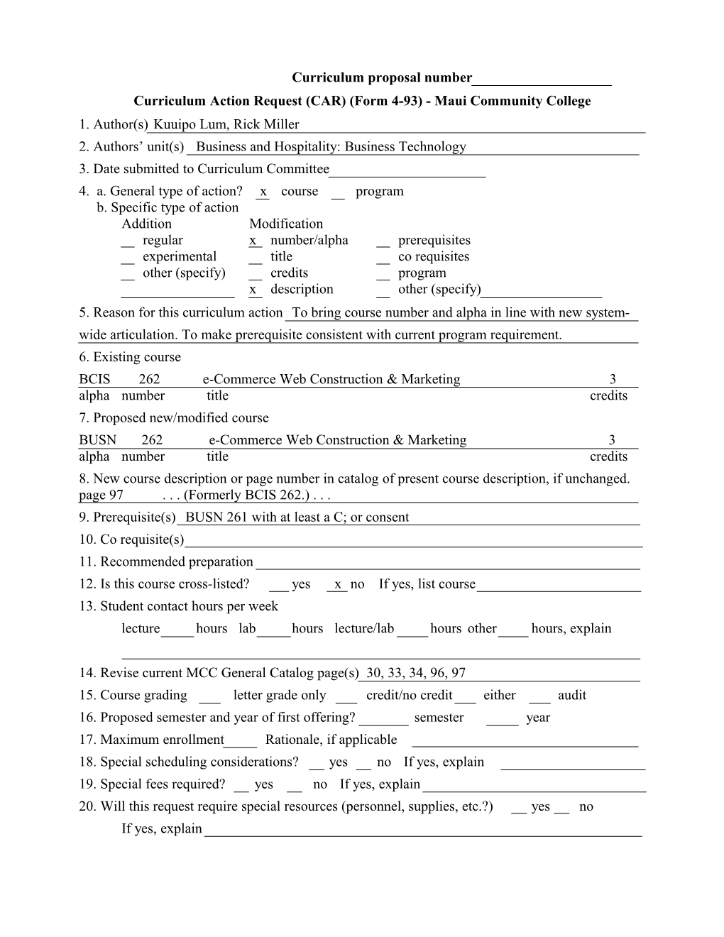 Curriculum Action Request (CAR) (Form 4-93) - Mauicommunity College