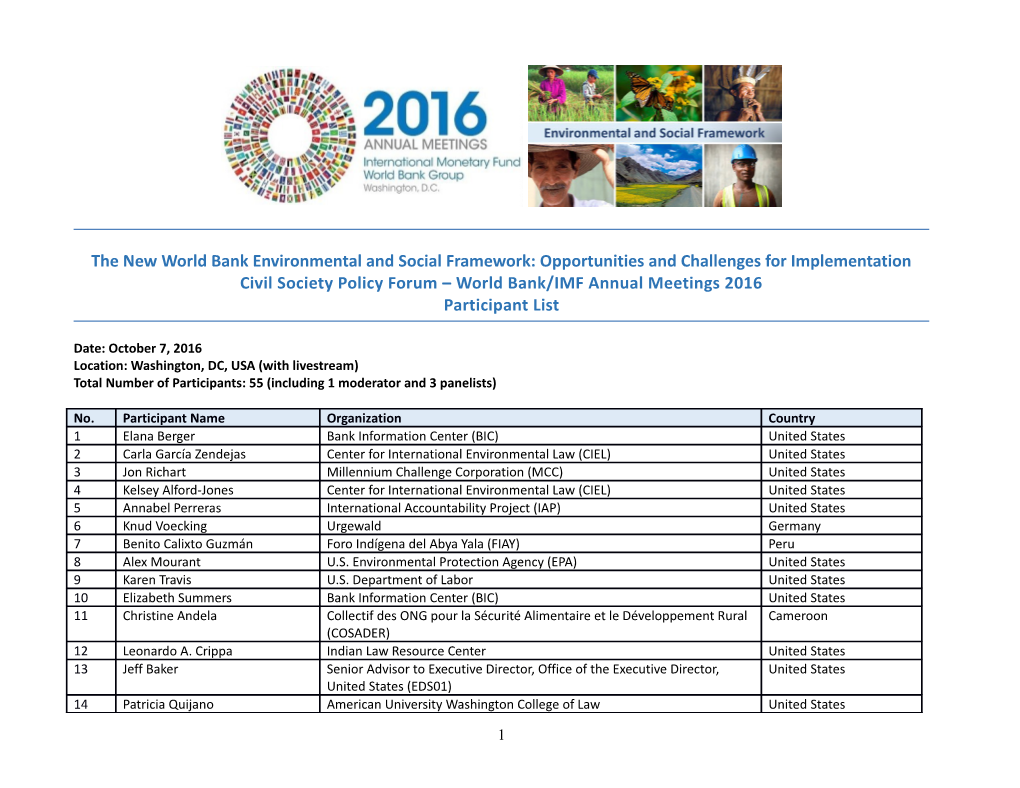 Civil Society Policy Forum World Bank/IMF Annual Meetings 2016