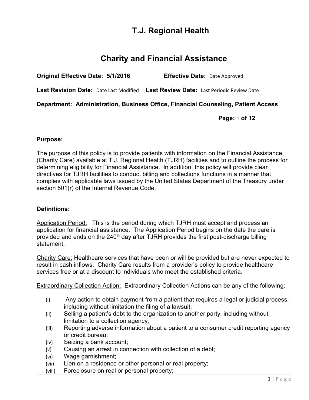 Charity and Financial Assistance