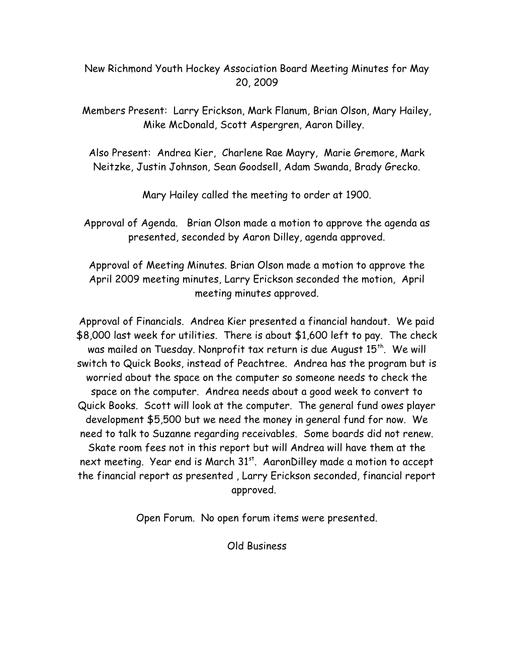 New Richmond Youth Hockey Association Board Meeting Minutes for May 20, 2009