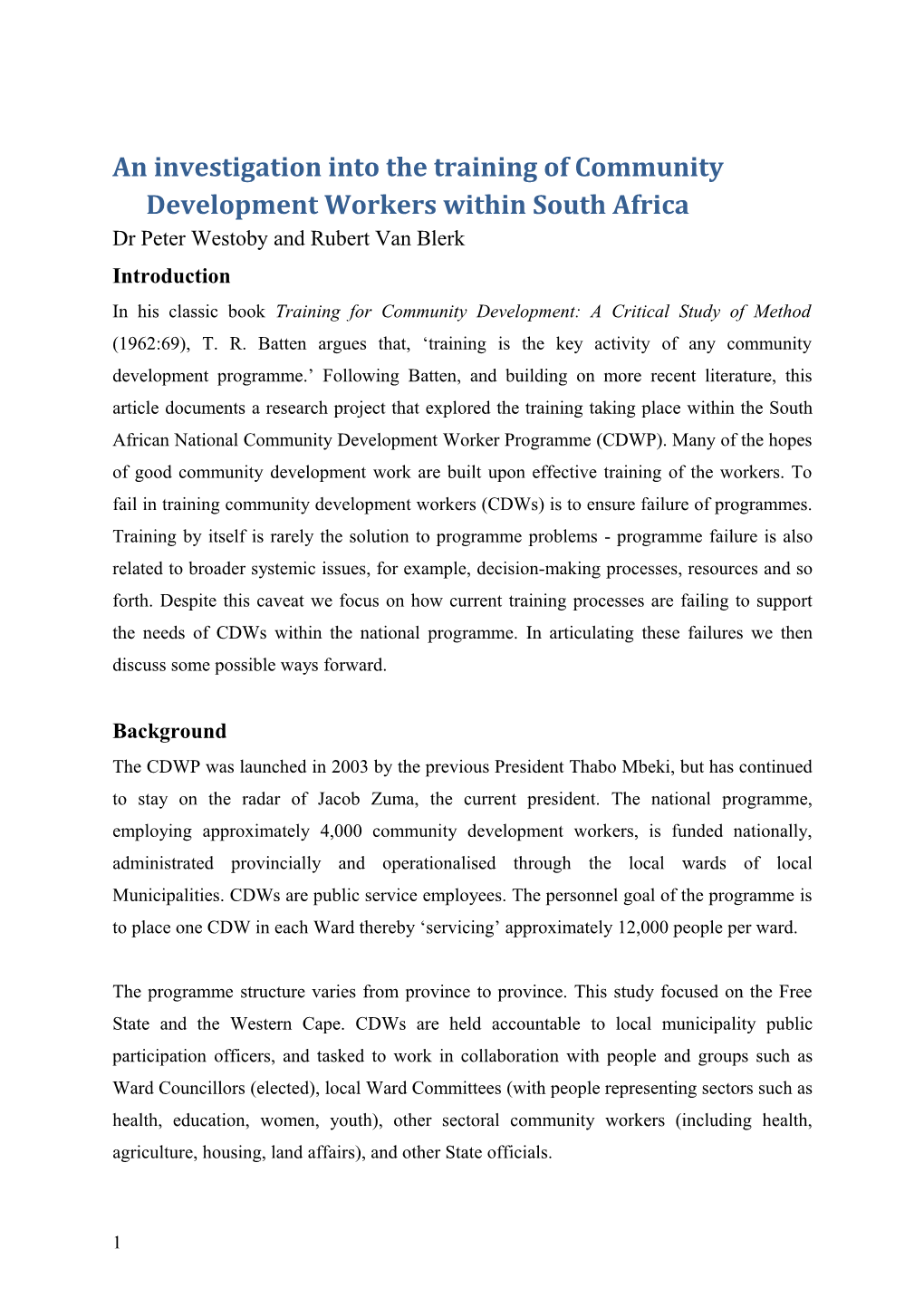 An Investigation Into the Training of Community Development Workers Within South Africa