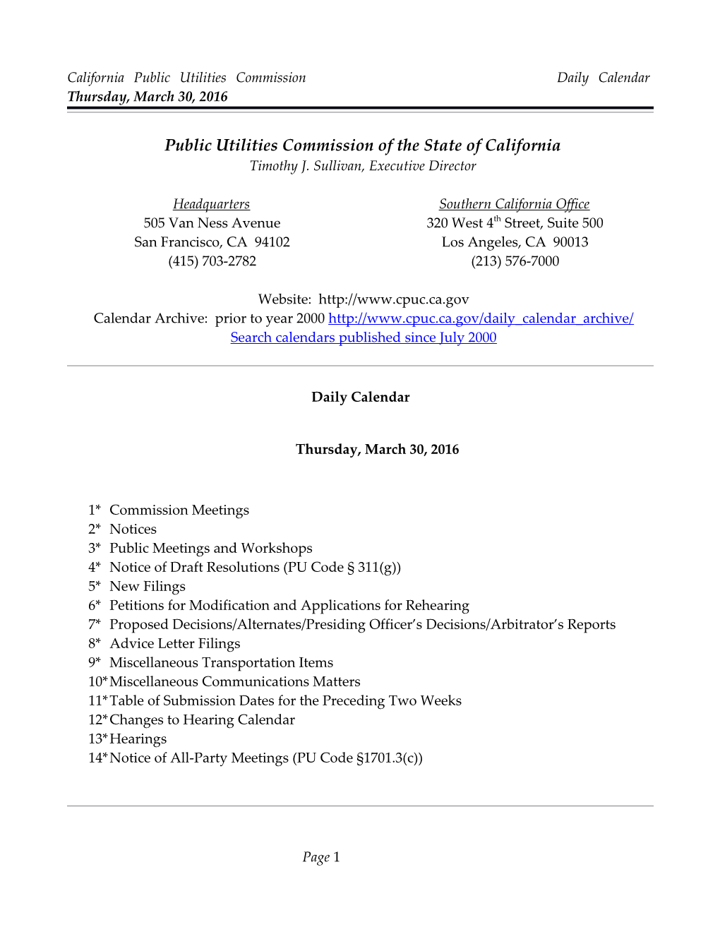 California Public Utilities Commission Daily Calendar Thursday, March 30, 2016
