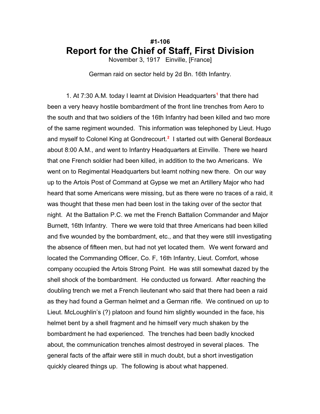 Report for the Chief of Staff, First Division