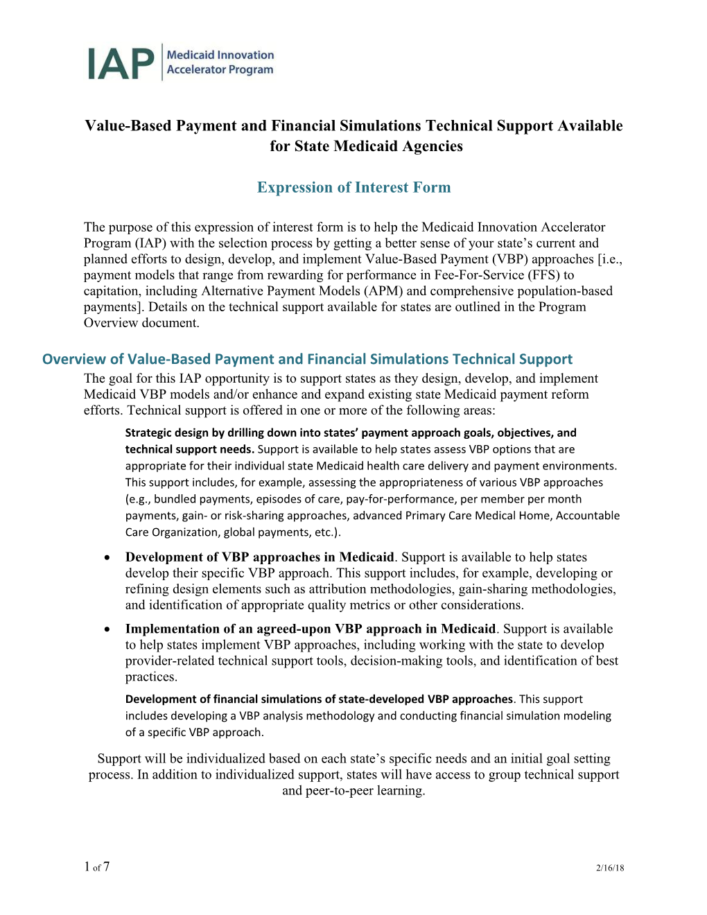 Value-Based Payments and Financial Simulations Expression of Interest Form