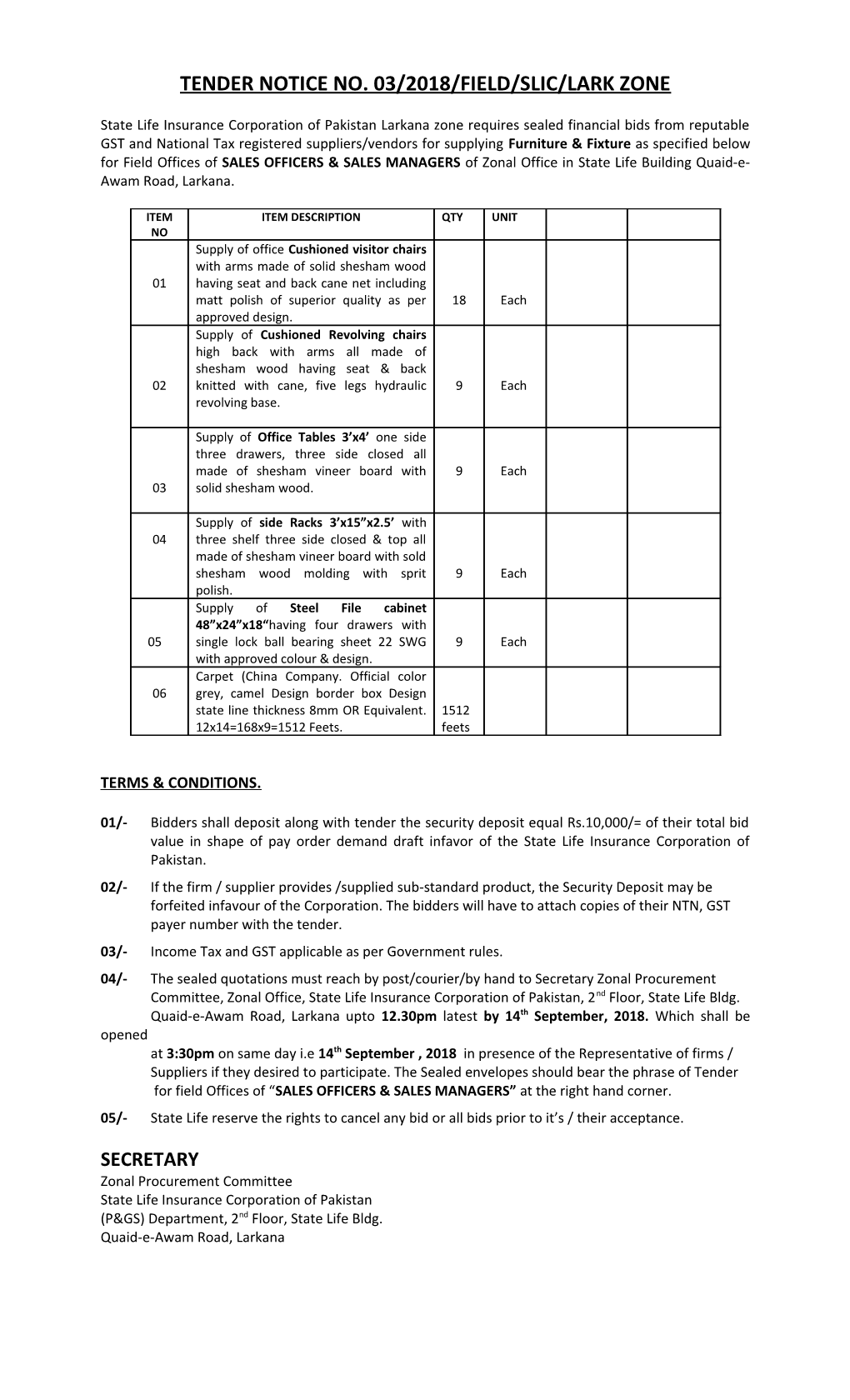 Tender Notice No. 03/2018/Field/Slic/Lark Zone