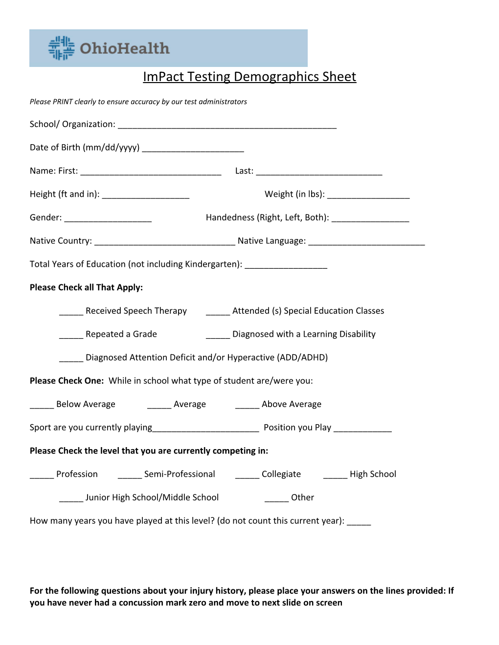 Impact Testing Demographics Sheet