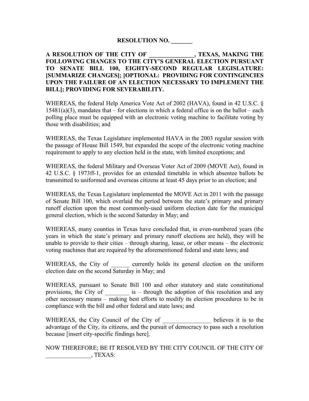 A Resolution of the City of ______, Texas, Making the Following Changes to the City S