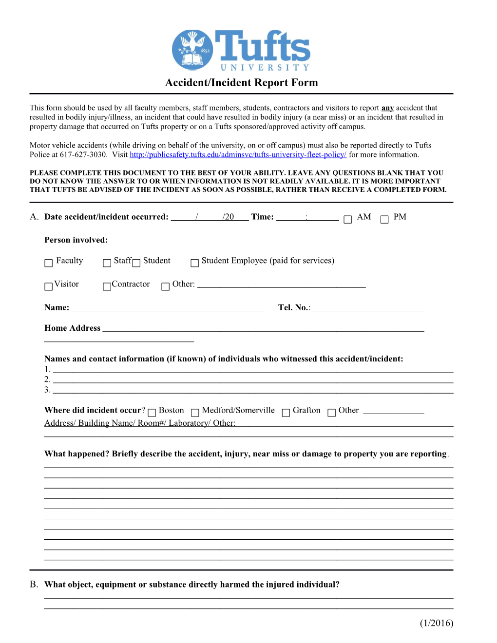 Tufts University Accident/Incident Report Form 1