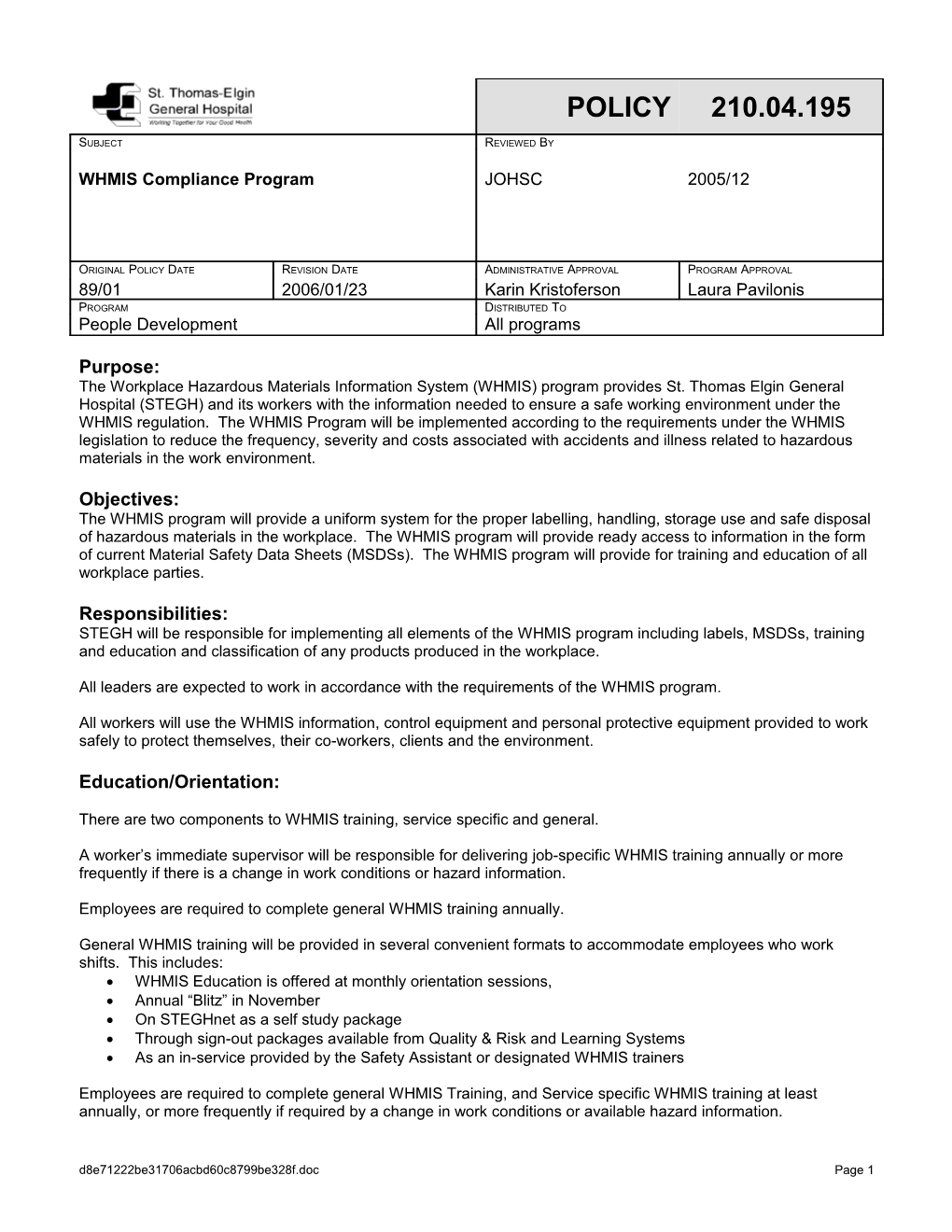 The Workplace Hazardous Materials Information System (WHMIS) Program Provides St. Thomas