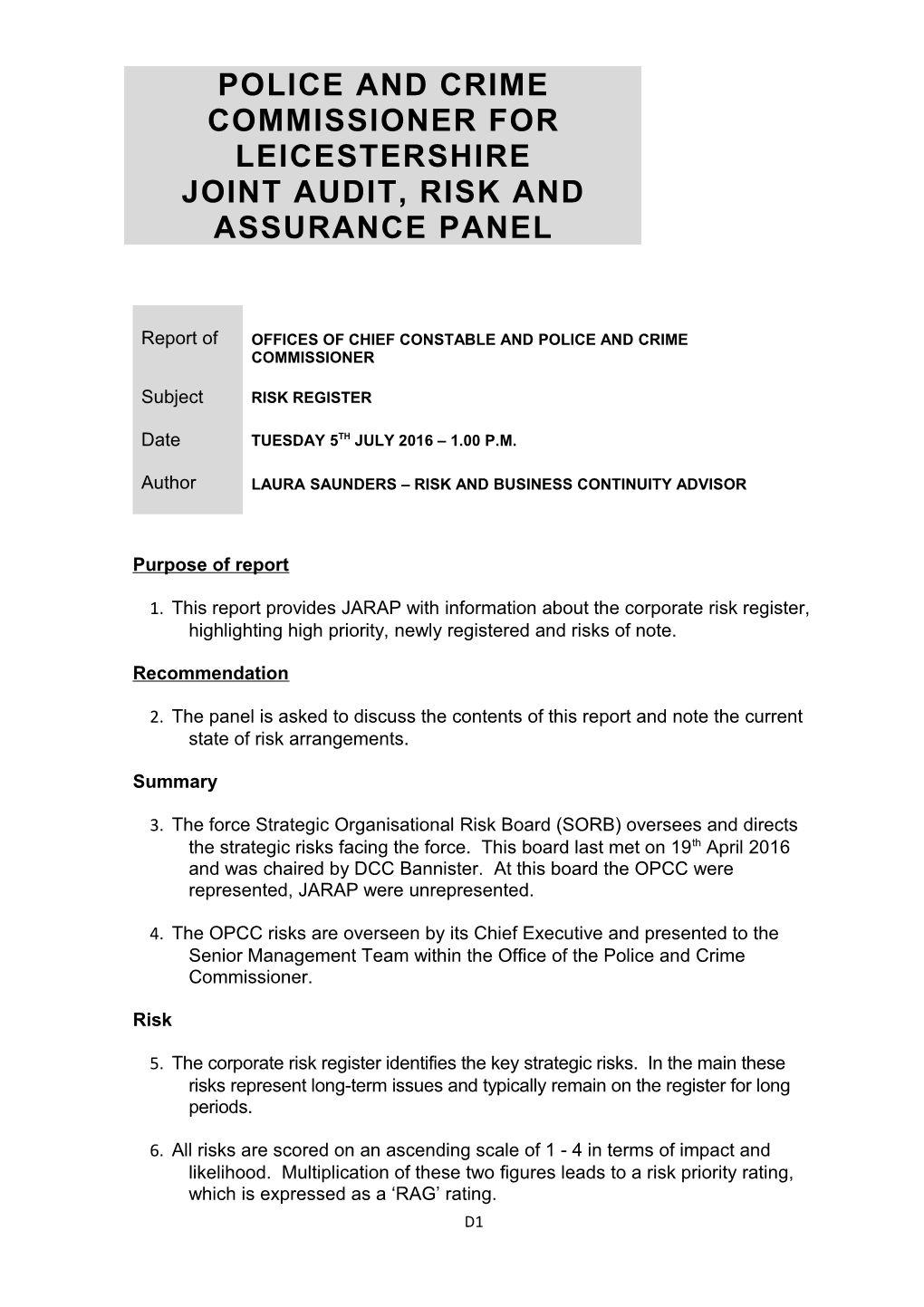 D JARAP Risk Register Paper July 2016