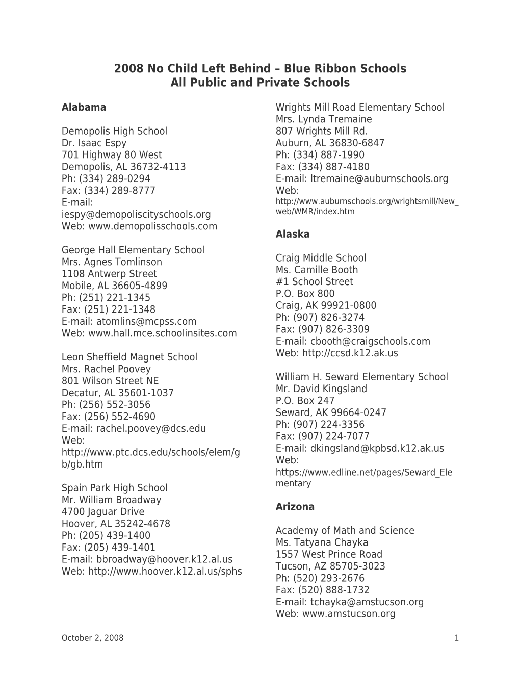 2008 NCLB-Blue Ribbon Schools: List of All Schools with Principals' Names October 2008 (Msword)