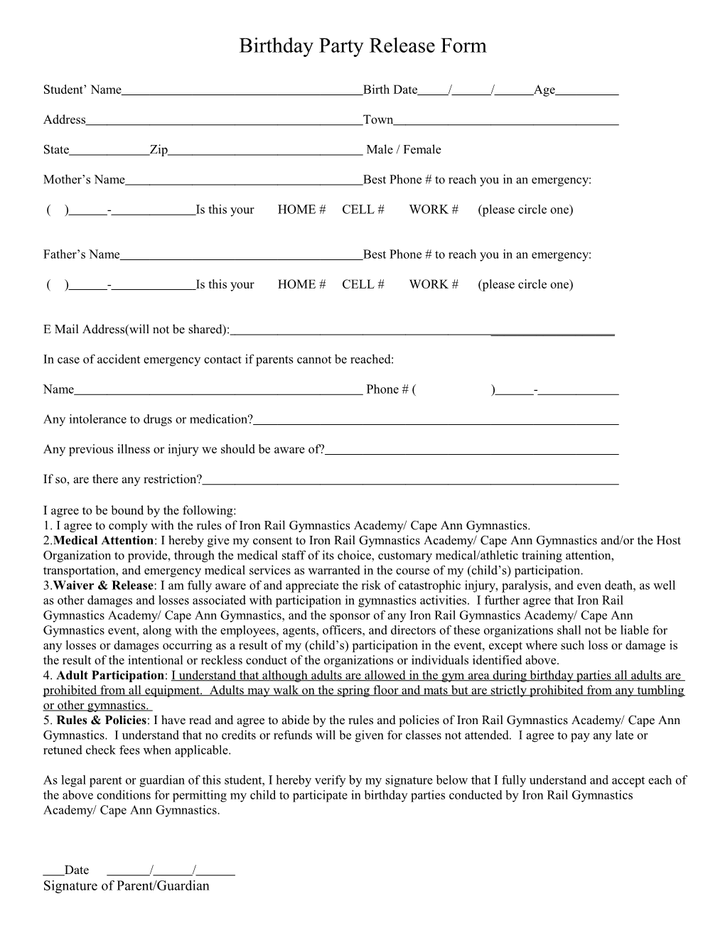 Birthday Party Release Form