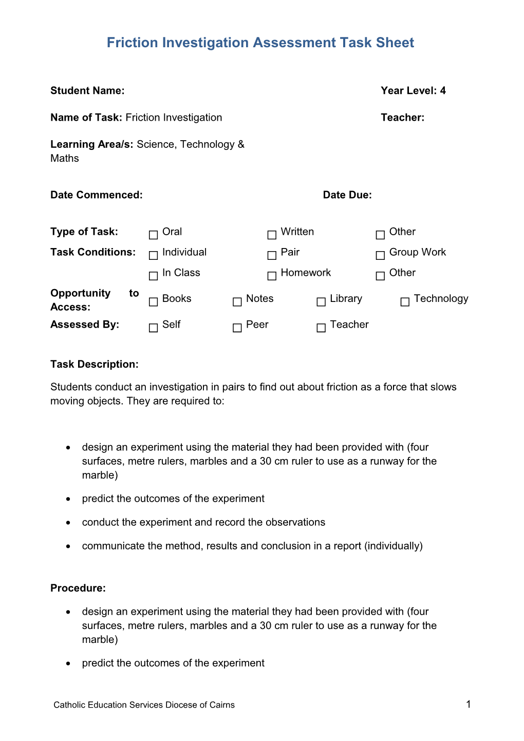 Friction Investigation Assessment Task Sheet