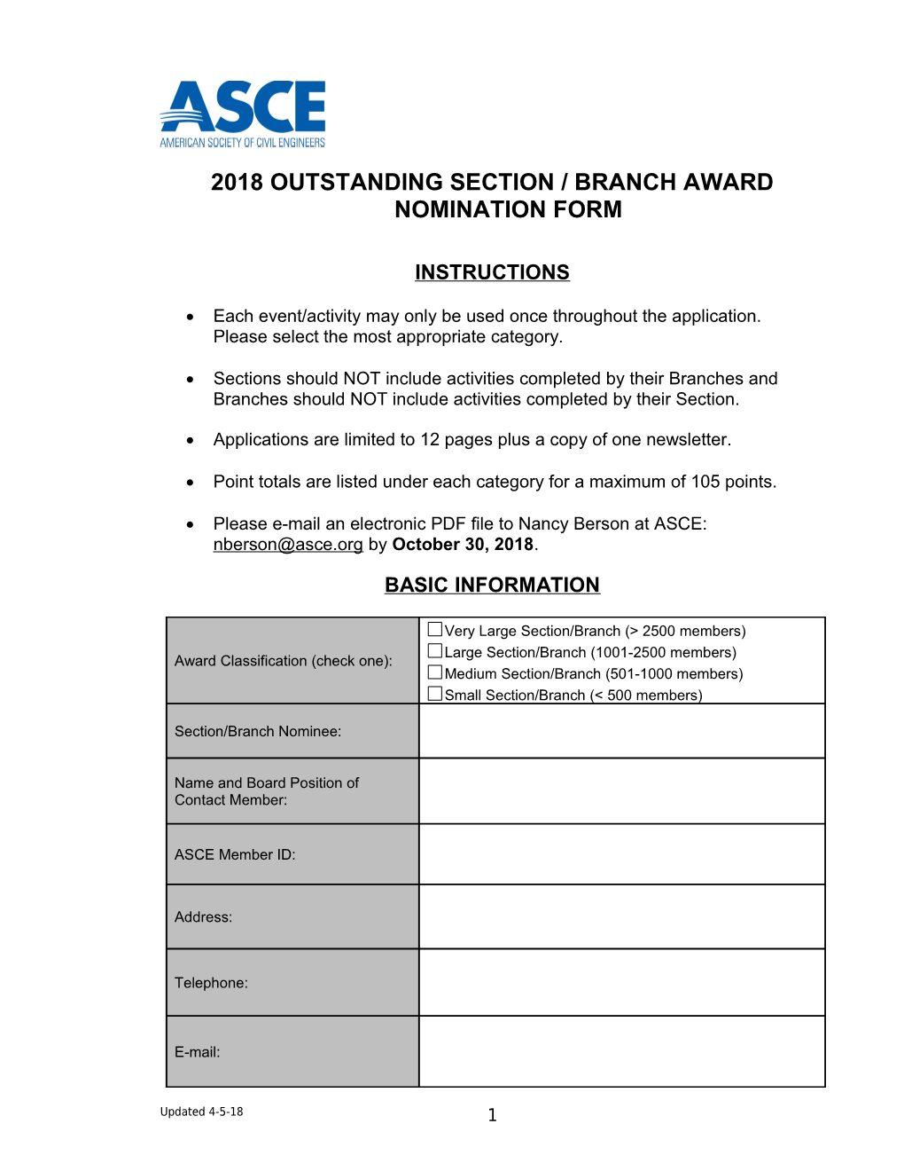 2018 Outstanding Section / Branch Award Nomination Form