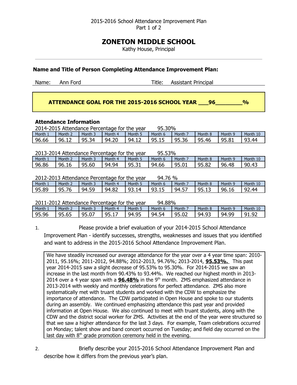 2015-2016 School Attendance Improvement Plan