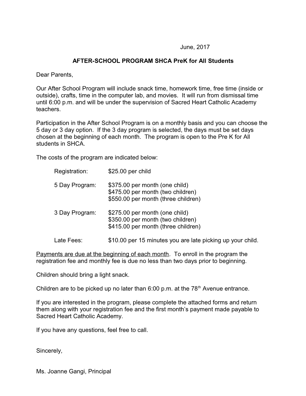 AFTER-SCHOOL PROGRAM SHCA Prek for All Students