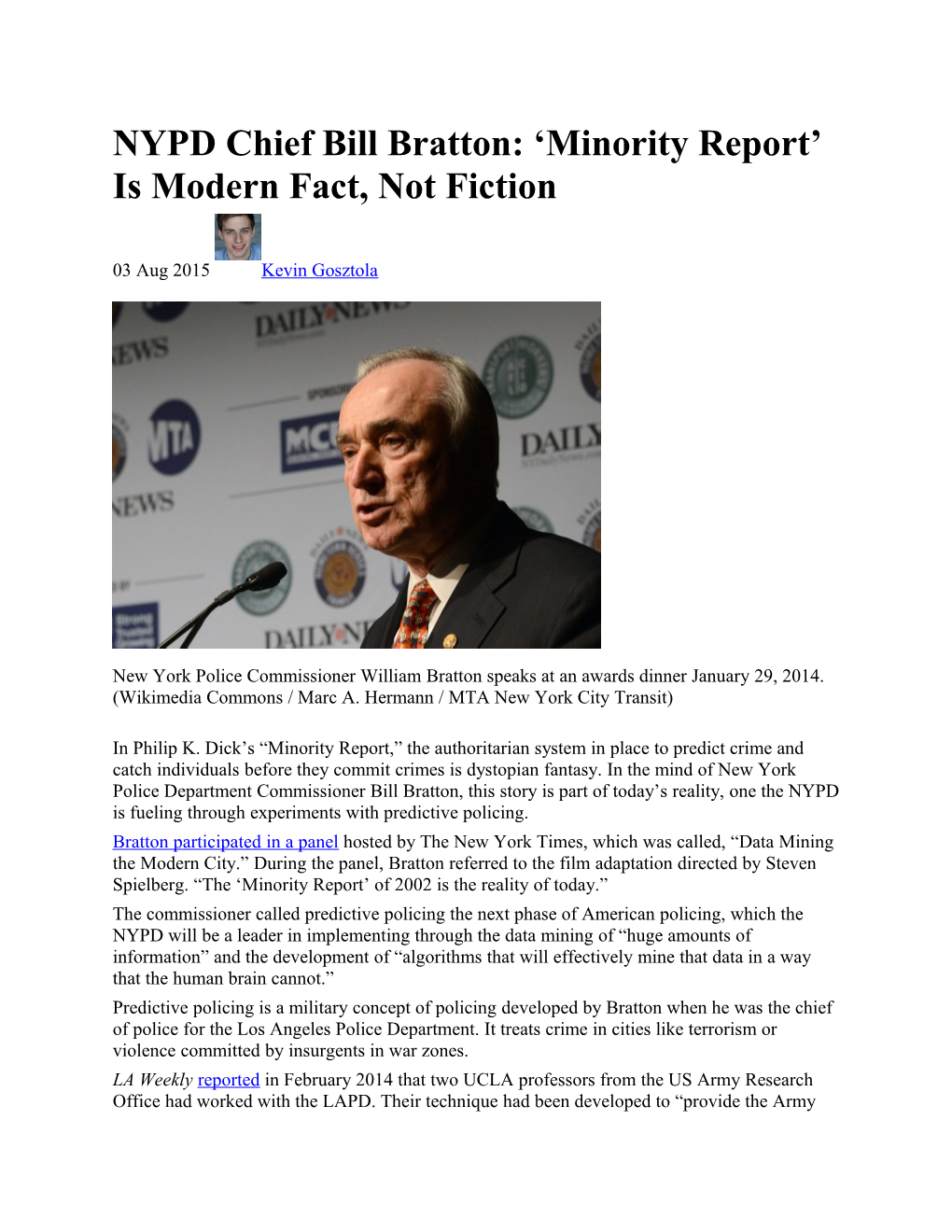 NYPD Chief Bill Bratton: Minority Report Is Modern Fact, Not Fiction