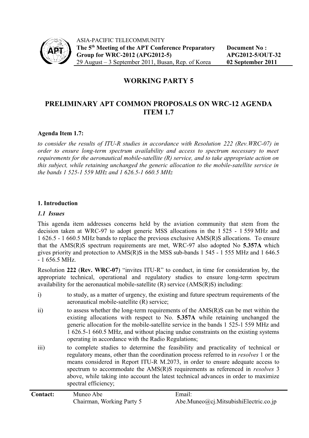 Preliminary APT Common Proposals on WRC-12 Agenda Item 1.7
