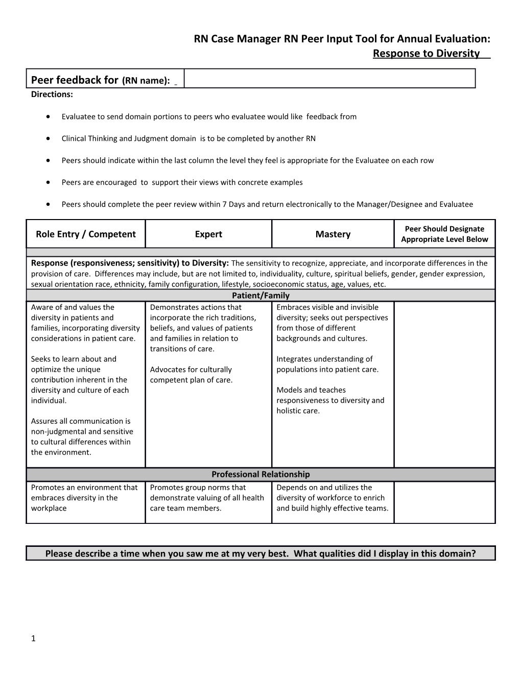 RN Case Managerrn Peer Input Tool for Annual Evaluation: Response to Diversity