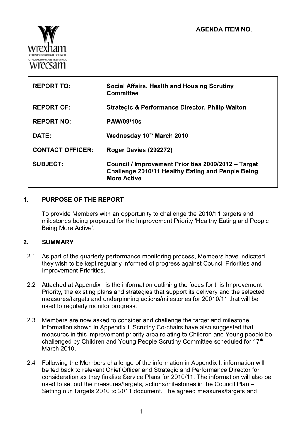 REPORT TO:Social Affairs, Health and Housing Scrutiny Committee