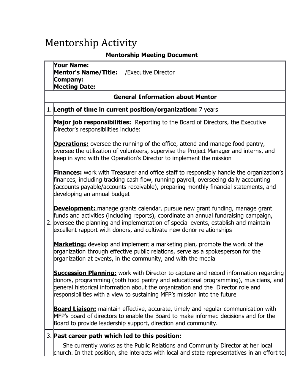 Mentorship Meeting Document